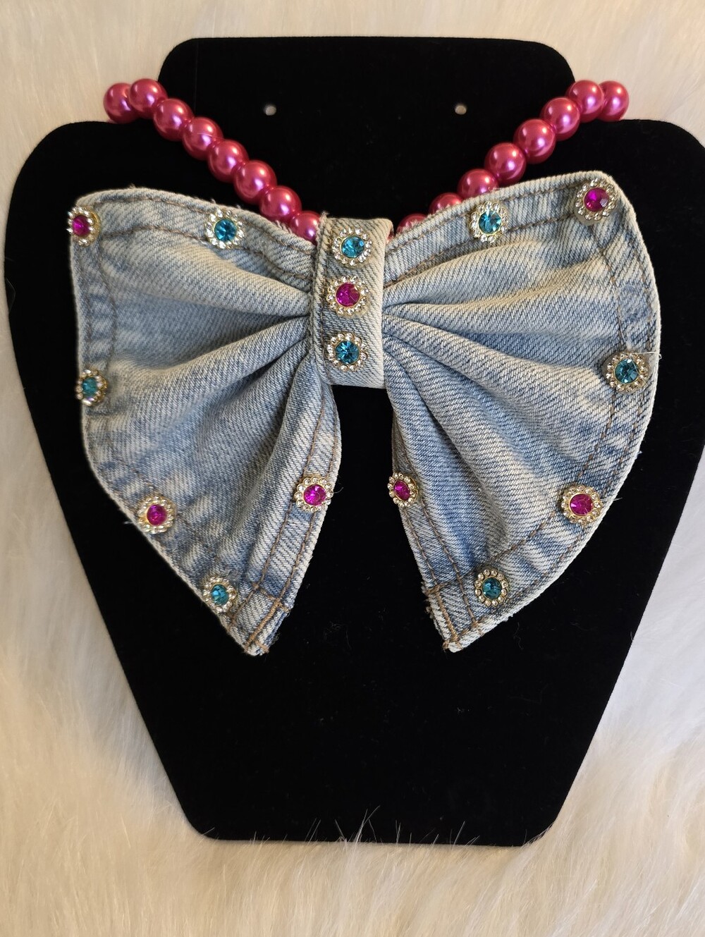 Custom Denim Bow Tie Necklace with Pink Pearl Strand and Rhinestones